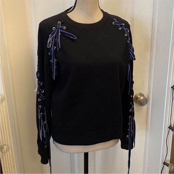 Maje Black Sweatshirt with Blue Lace-Up Details, S - Picture 2 of 10